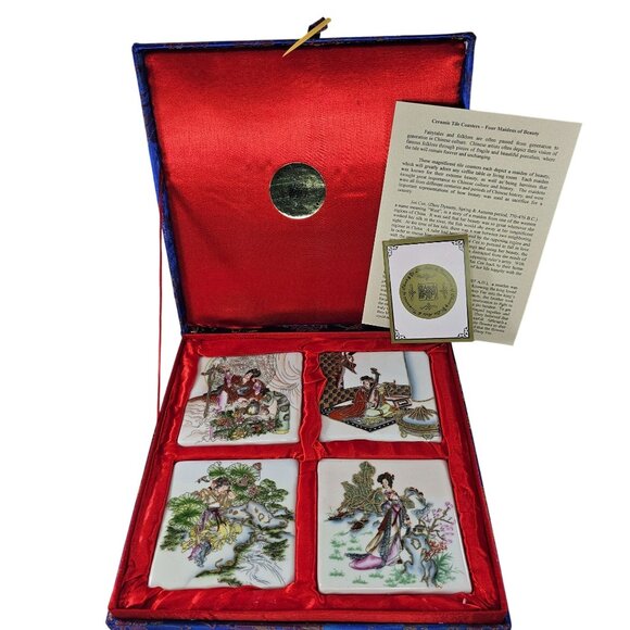 Yi Lin Arts & Treasures Ceramic Tile Coasters Four Maidens Of Beauty Brocade Box - Picture 1 of 9